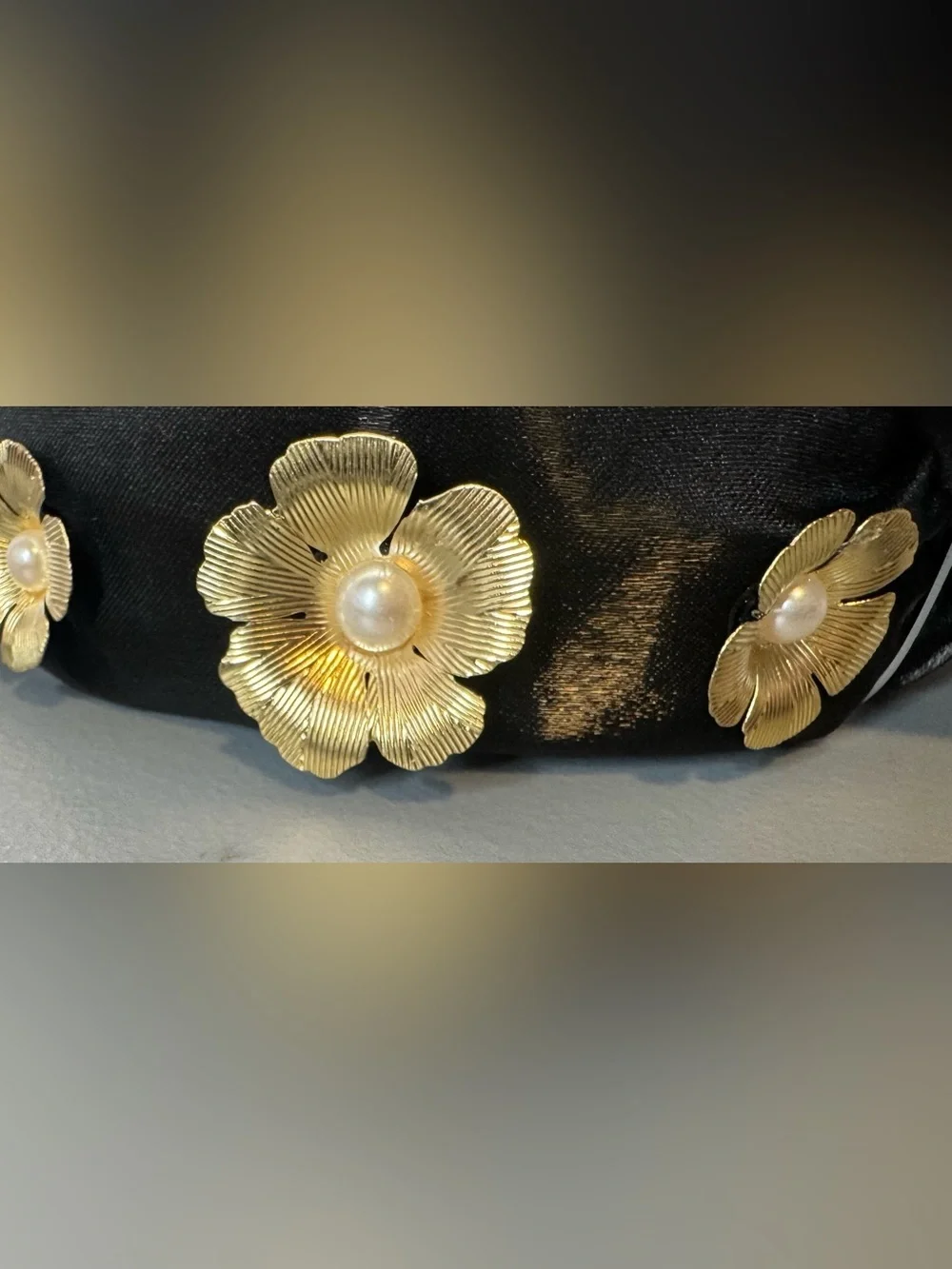 Black Floral Satin top knot Headband with classy metal floral gold tone accents